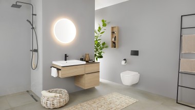 Waschtisch, WC, Bidet und Badmöbeln aus der Badserie Geberit Icon Waschtisch, WC, Bidet und Badmöbeln aus der Badserie Geberit Icon