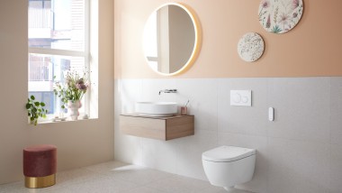 Badezimmer in der Trendfarbe Peach Fuzz mit dem Dusch-WC Geberit AquaClean Alba Badezimmer in der Trendfarbe Peach Fuzz mit dem Dusch-WC Geberit AquaClean Alba