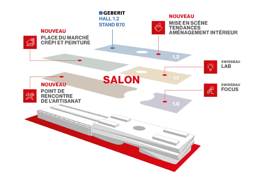 Plan du hall Swissbau avec indication de l'emplacement du stand Geberit Plan du hall Swissbau avec indication de l'emplacement du stand Geberit
