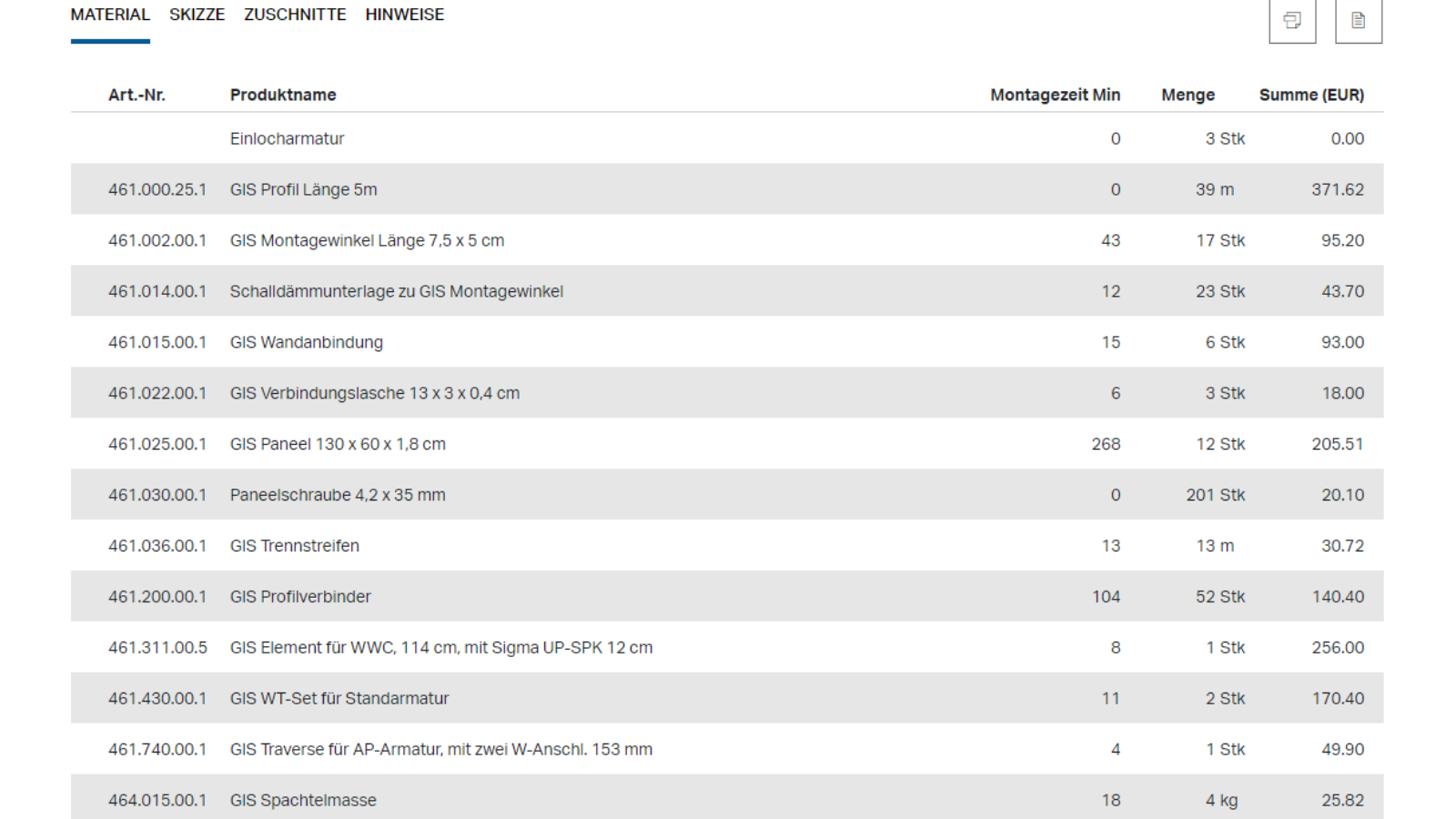 Materialliste im GIS-/Duofix-Rechner