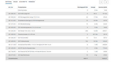 Liste de matériel dans le calculateur GIS-Duofix Liste de matériel dans le calculateur GIS-Duofix