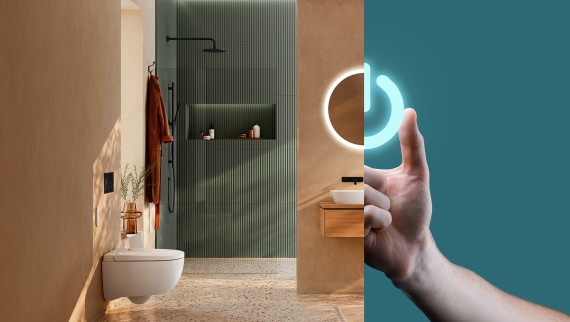 Bagno moderno con specchio rotondo Geberit Option, che sfuma in un simbolo luminoso a forma di start, a rappresentare il pacchetto iniziale per il bagno da sogno