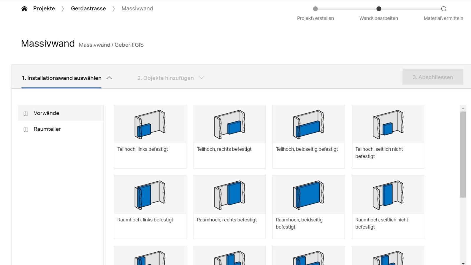 Wahl der Installationswand im GIS-/Duofix-Rechner