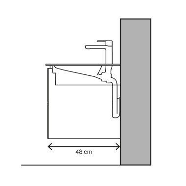 Exemple de lavabo avec saillie de 48 cm et évacuation horizontale