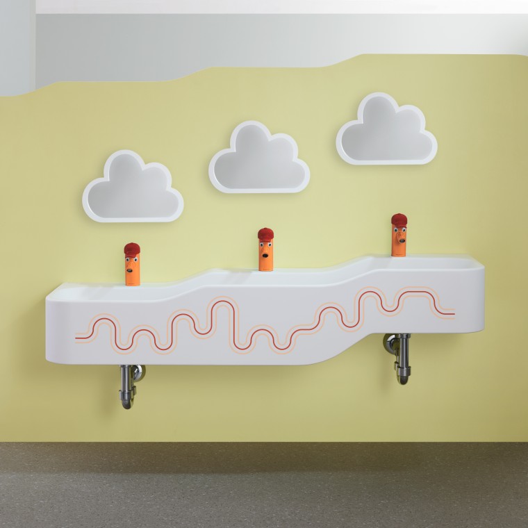 Lavabo dedicato al gioco e all'igiene Geberit Bambini in rosso carminio e arancione Lavabo dedicato al gioco e all'igiene Geberit Bambini in rosso carminio e arancione