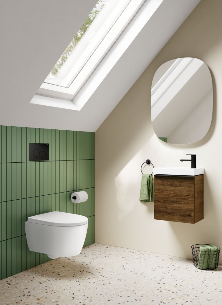 Kleines Geberit iCon Gästebad mit Holzmöbel Kleines Geberit iCon Gästebad mit Holzmöbel