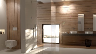 Badezimmer mit Geberit WC Keramik, Geberit Drückerplatte Sigma70 und Duschrinne CleanLine