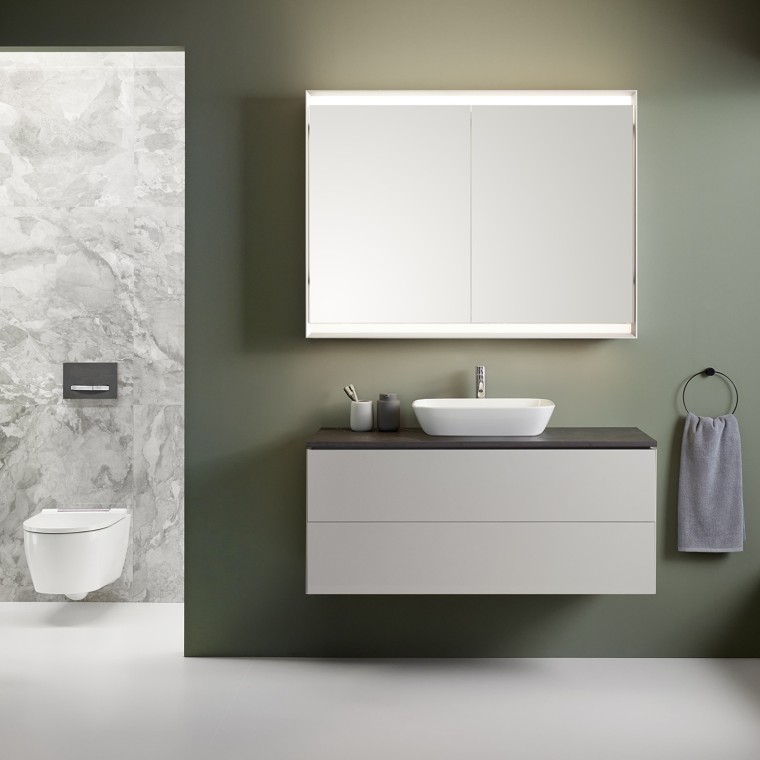 Salle de bains avec plus de place, de propreté et de flexibilité grâce aux produits Geberit ONE