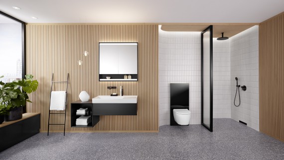 Bagno Geberit ONE con scarico a parete Bagno Geberit ONE con scarico a parete