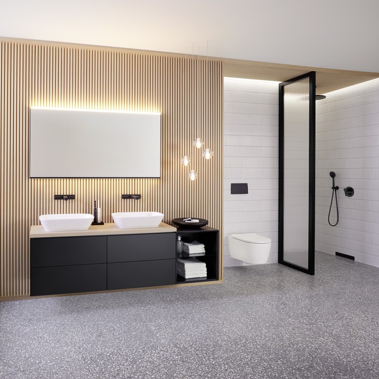 Meuble sous lavabo Geberit ONE avec élément latéral ouvert Meuble sous lavabo Geberit ONE avec élément latéral ouvert