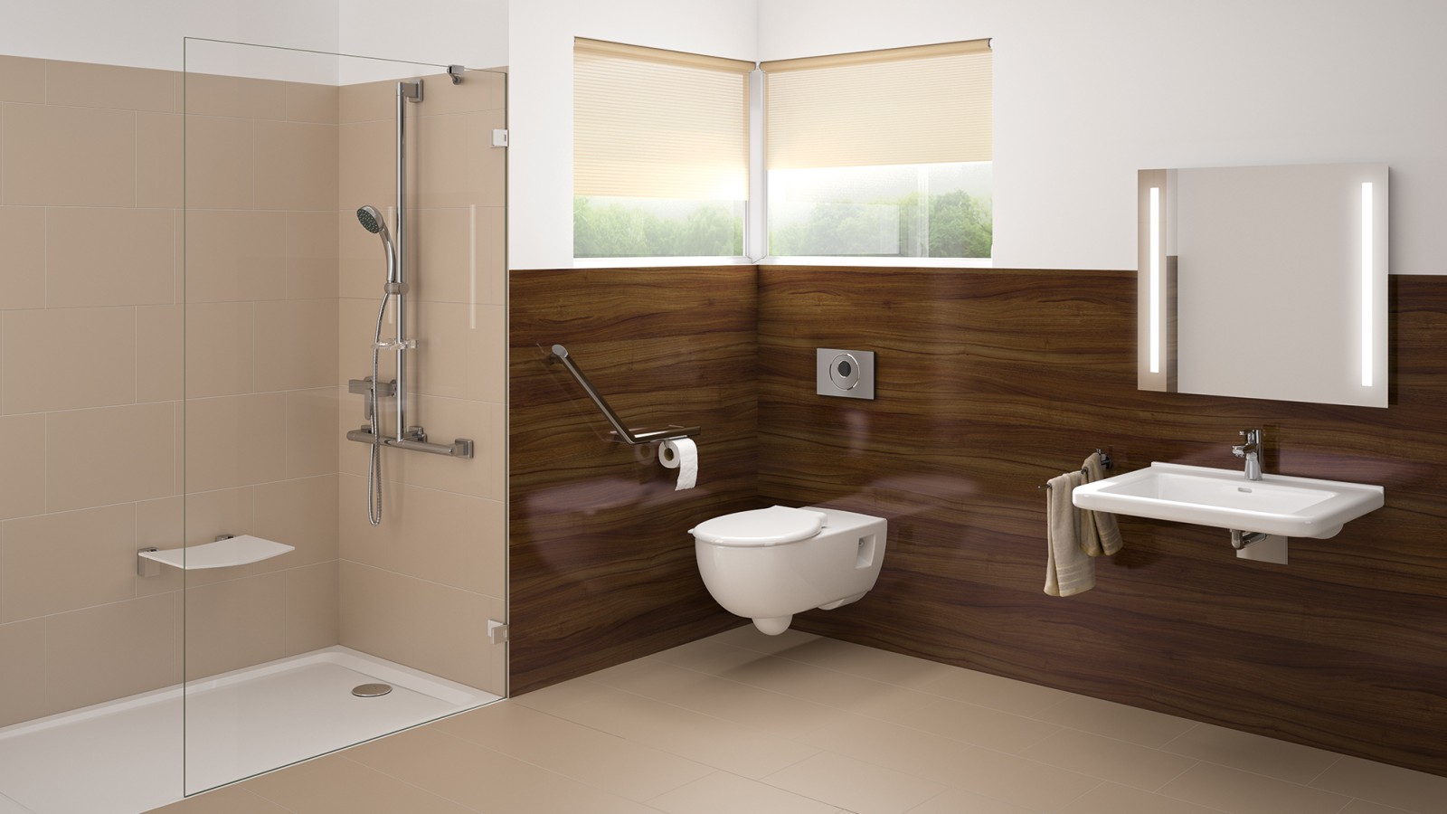 Barrierefreies Badezimmer mit Waschplatz, Toilette und bodenebener Dusche Barrierefreies Badezimmer mit Waschplatz, Toilette und bodenebener Dusche