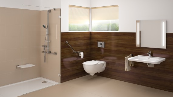 Bagno privo di barriere architettoniche con zona lavabo, WC e doccia a filo pavimento