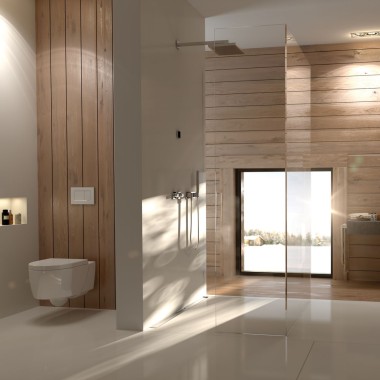 Salle de bains Geberit avec panneaux de bois