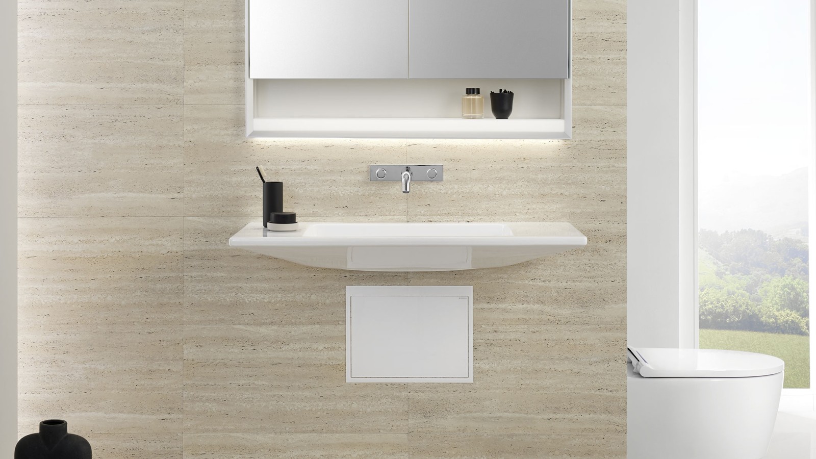 Lavabo accessibile con sedia a rotelle Geberit ONE con sifone ad incasso