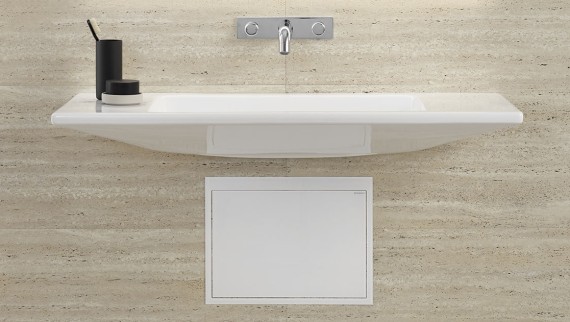 Lavabo Geberit ONE accessible en fauteuil roulant avec siphon à encastrer