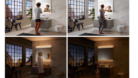 Différentes ambiances lumineuses dans la salle de bains avec le concept d’éclairage Geberit ComfortLight (© Geberit)