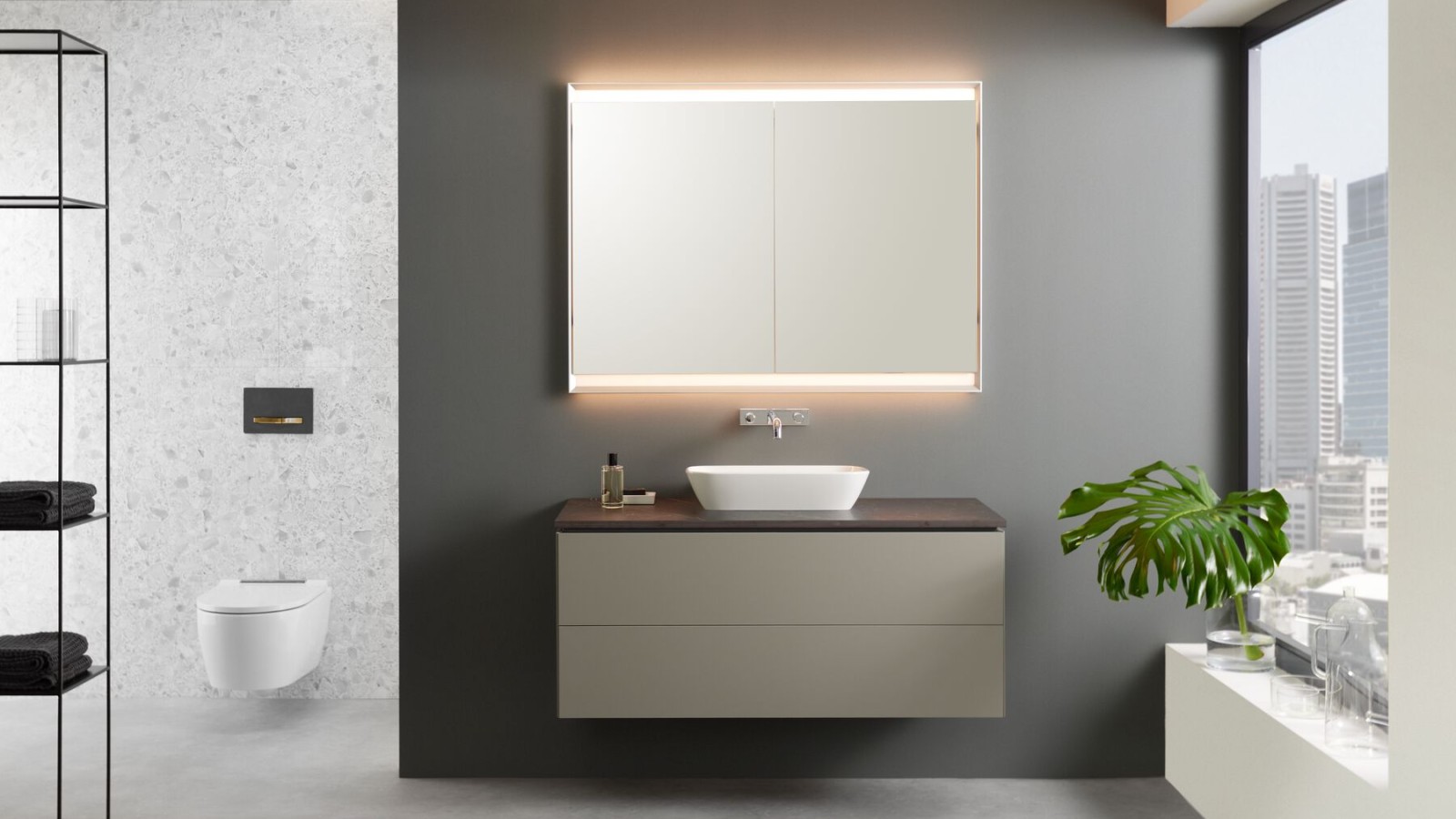 Meuble sous lavabo Geberit ONE grège avec mécanisme d'ouverture push-to-open Meuble sous lavabo Geberit ONE grège avec mécanisme d'ouverture push-to-open