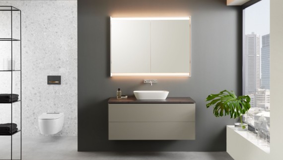 Meuble sous lavabo Geberit ONE grège avec mécanisme d'ouverture push-to-open