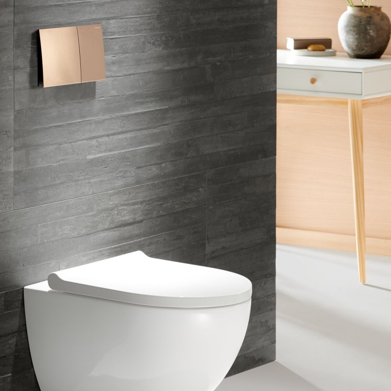 WC Geberit Acanto avec plaque de déclenchement Sigma70 or rouge WC Geberit Acanto avec plaque de déclenchement Sigma70 or rouge