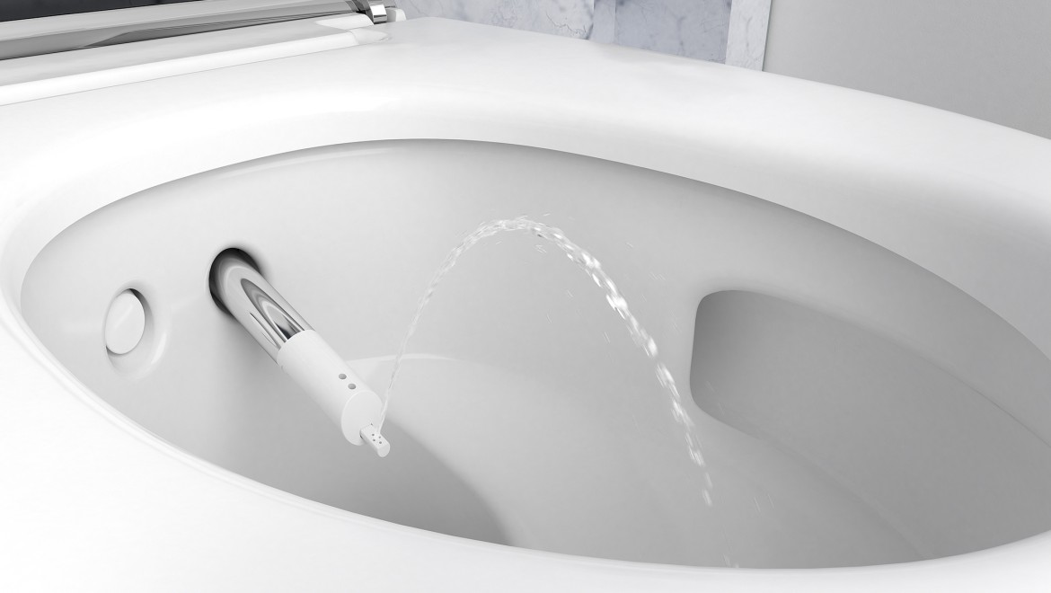 Nahaufnahme des Duscharms eines Geberit AquaClean Mera Dusch-WCs Nahaufnahme des Duscharms eines Geberit AquaClean Mera Dusch-WCs
