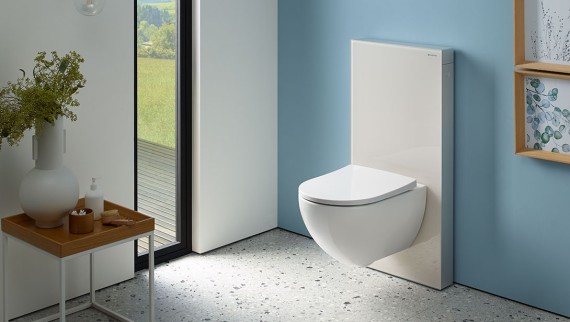 Salle de bains avec module sanitaire Geberit Monolith grès aspect béton