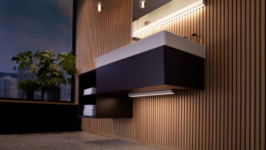 Meuble sous lavabo avec baguette lumineuse (© Geberit)