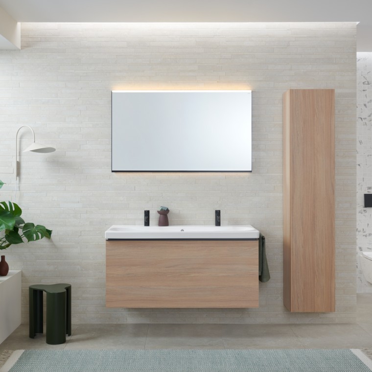 Lavabo double Geberit Acanto avec meuble couleur chêne Lavabo double Geberit Acanto avec meuble couleur chêne