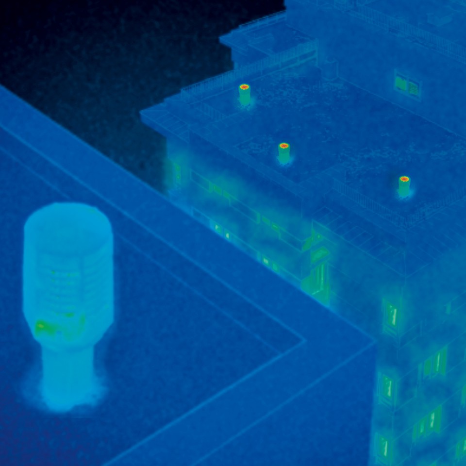 Image thermique des conduites de ventilation avec la vanne de retenue d'énergie Geberit ERV et ouverte en haut. Image thermique des conduites de ventilation avec la vanne de retenue d'énergie Geberit ERV et ouverte en haut.