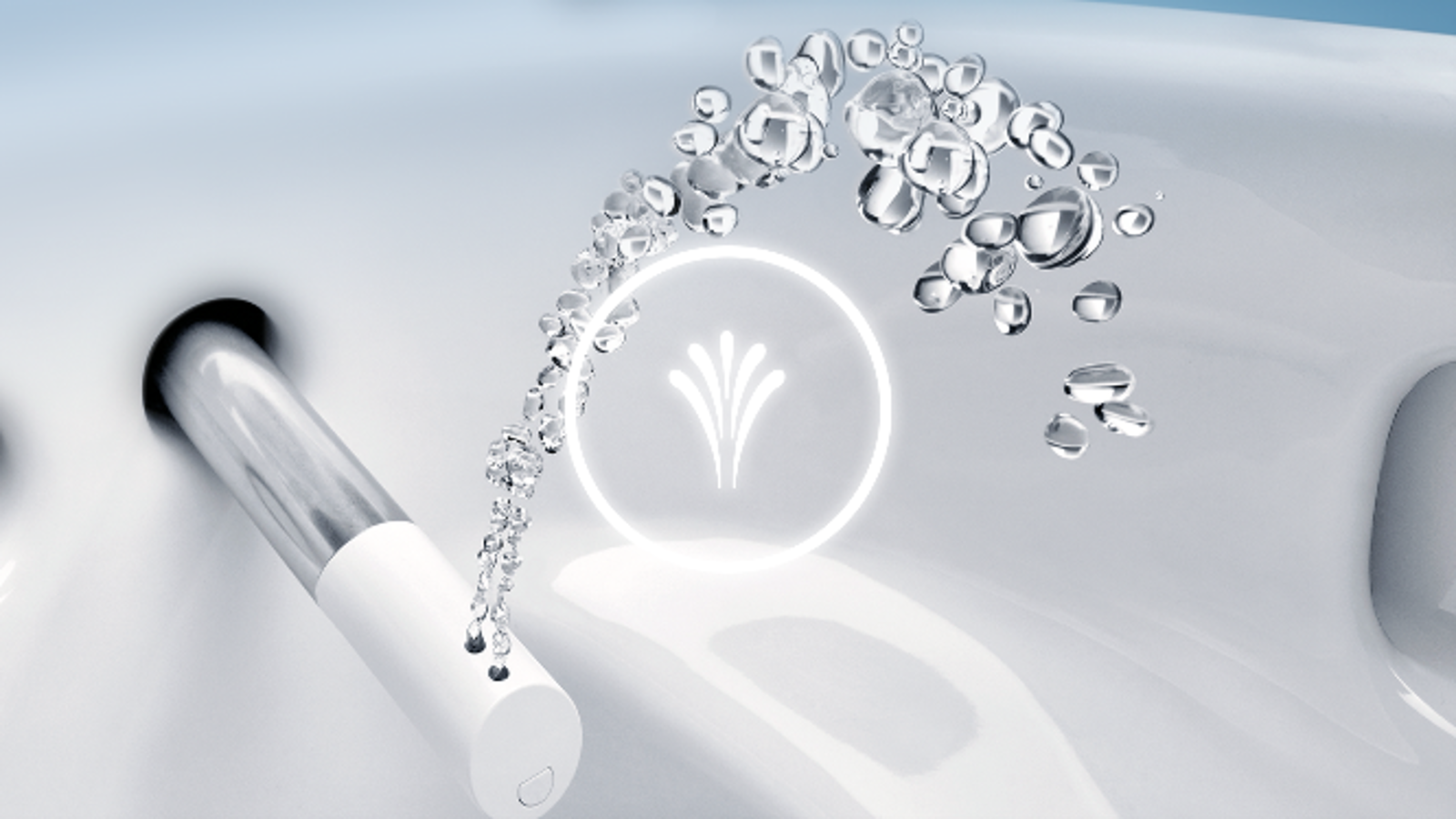 Perlender Duschstrahl mit ausgefahrenem Duscharm in WC-Keramik Perlender Duschstrahl mit ausgefahrenem Duscharm in WC-Keramik