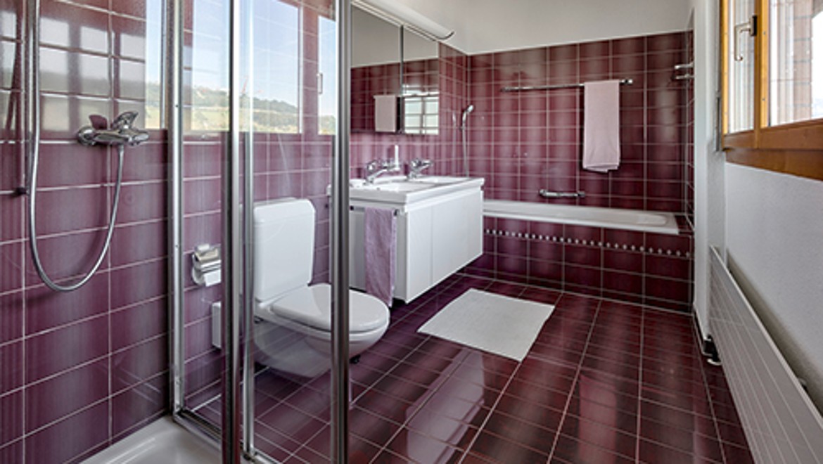 Salle de bains avant rénovation avec carrelage rouge Salle de bains avant rénovation avec carrelage rouge