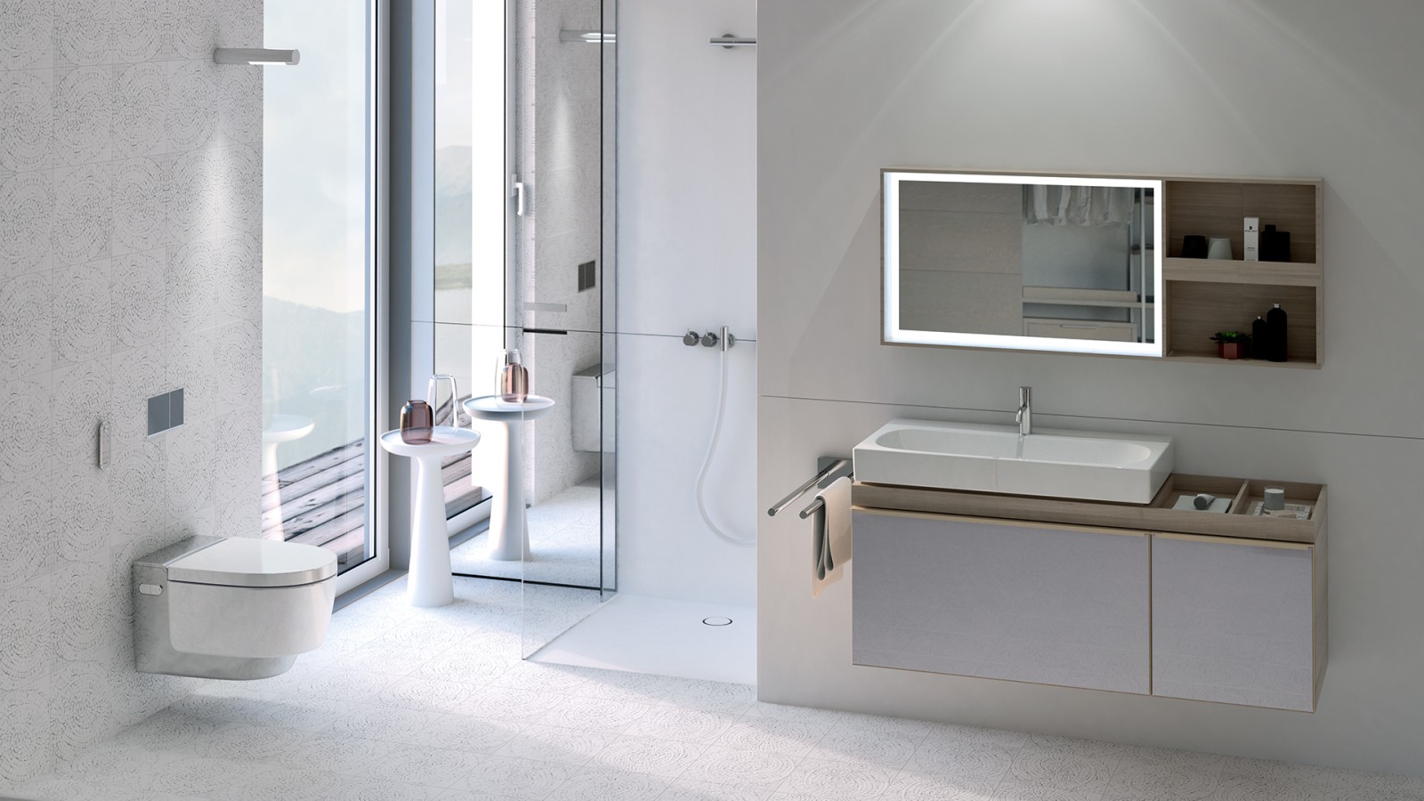 Geberit AquaClean Mera in bagno con specchio illuminato e la lampada a soffitto Geberit AquaClean Mera in bagno con specchio illuminato e la lampada a soffitto