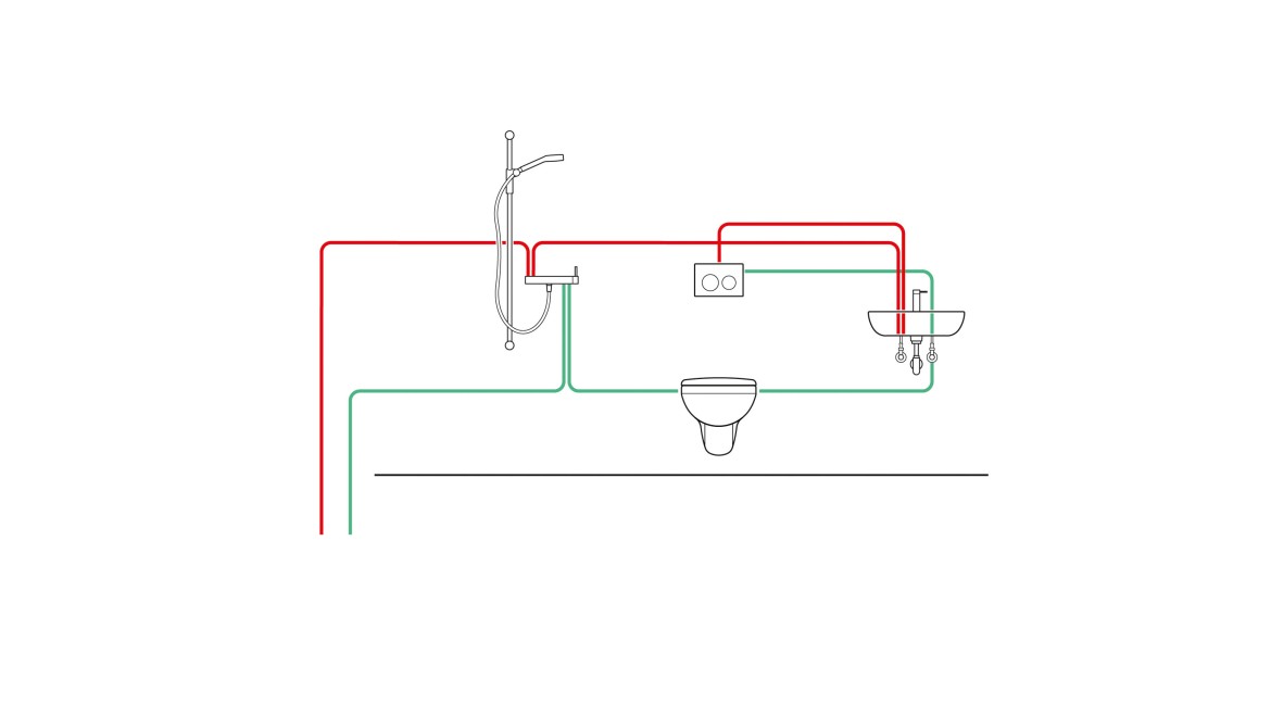 Exemple de tuyauterie pour un réservoir à encastrer avec rinçage hygiénique intermittent (© Geberit)