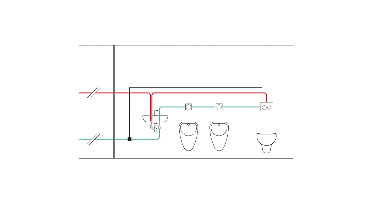 Esempio di impianto idraulico di una cassetta di risciacquo ad incasso con risciacquo igienico e controllo di temperatura e impiego di un sensore termico (© Geberit)