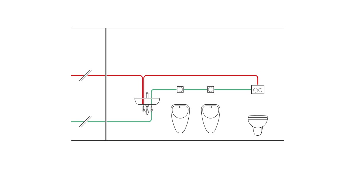 Exemple de tuyauterie pour un rinçage hygiénique piloté par temporisation (© Geberit)