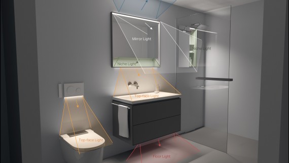 L’immagine mostra le diverse zone illuminate del bagno in corrispondenza di WC, zona lavabo e doccia (© Tribecraft)