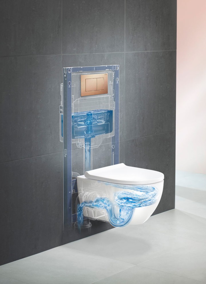 Système de WC Geberit avec WC Acanto, technique de rinçage TurboFlush et plaque de déclenchement Geberit Sigma40