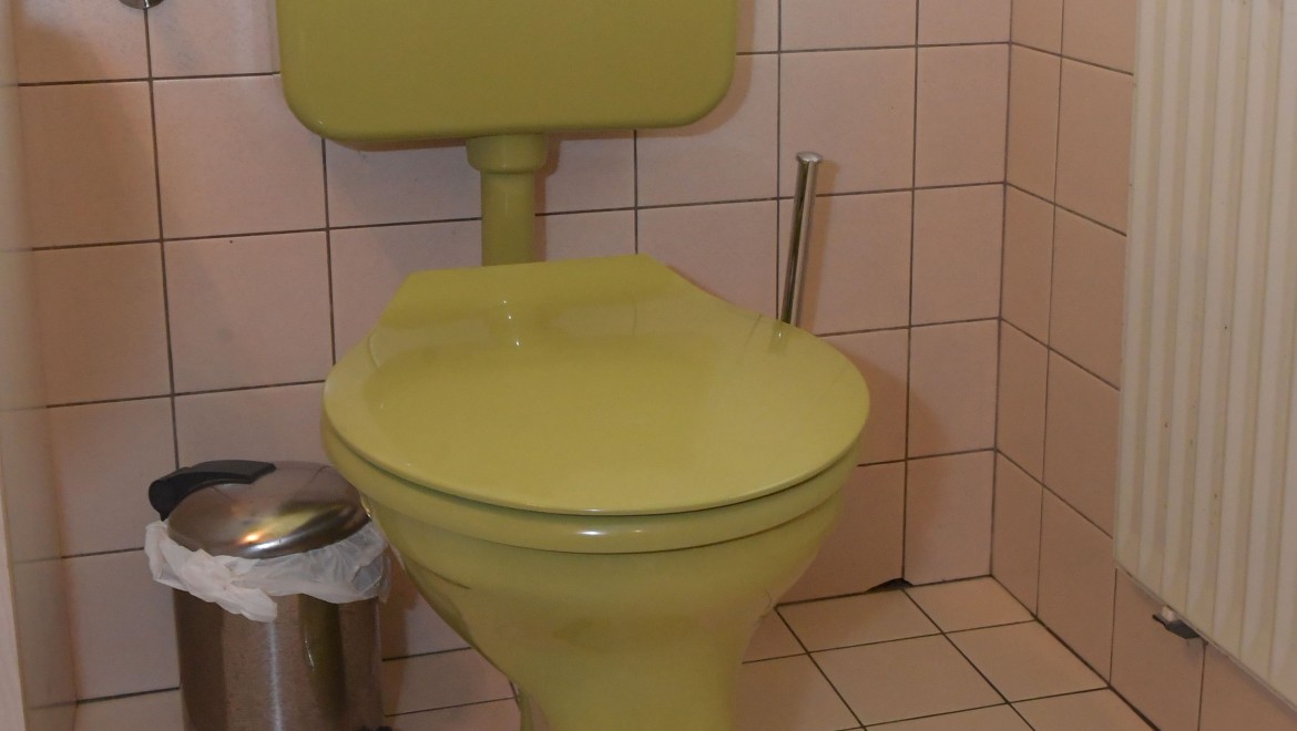 L’ancien WC avec son réservoir apparent dans la salle de bains d’invités