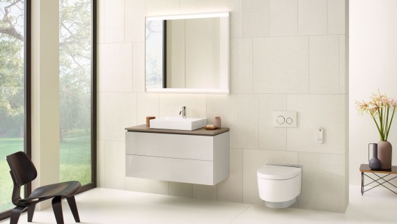 Bagno bianco con mobile specchio, mobile sottolavabo, placca di comando e sanitari in ceramica di Geberit Bagno bianco con mobile specchio, mobile sottolavabo, placca di comando e sanitari in ceramica di Geberit