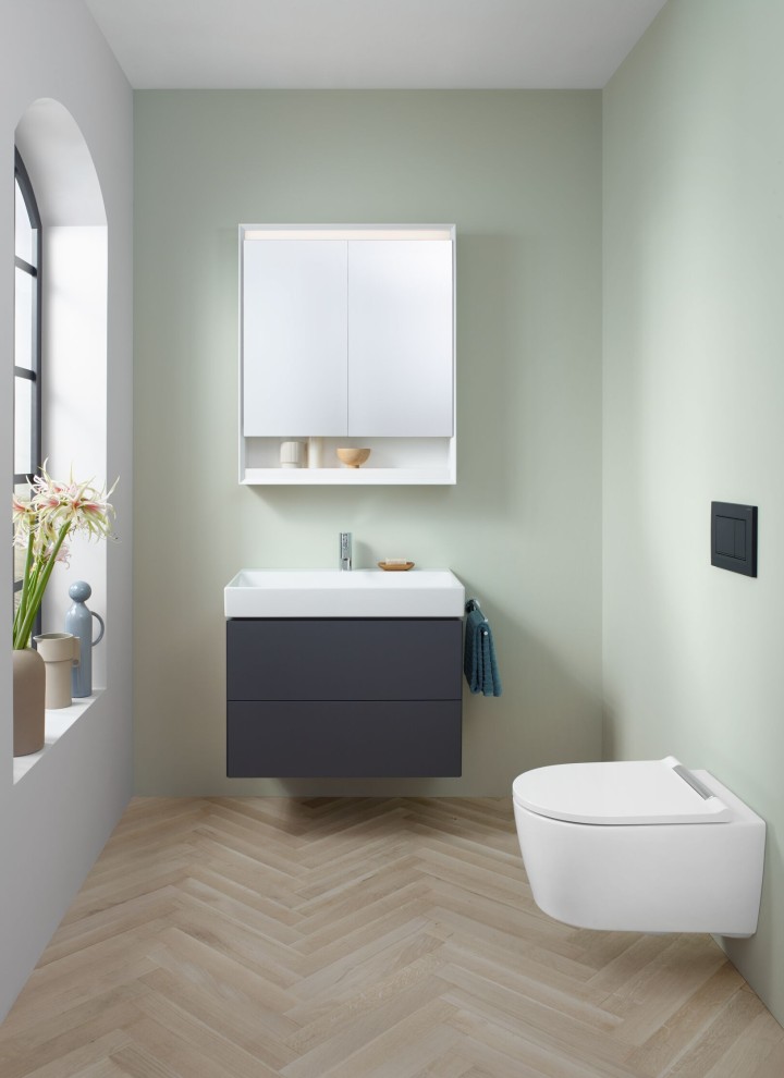 Blick in ein Gäste-WC mit wandhängendem WC, Spiegelschrank und Waschtischunterschrank der Badserie Geberit ONE