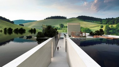 Das H.O.M.E. Haus 2022 von Hadi Teherani Architects eingebettet in eine grüne Hügellandschaft (©Bloomrealities/HTA für H.O.M.E. Haus 2022)