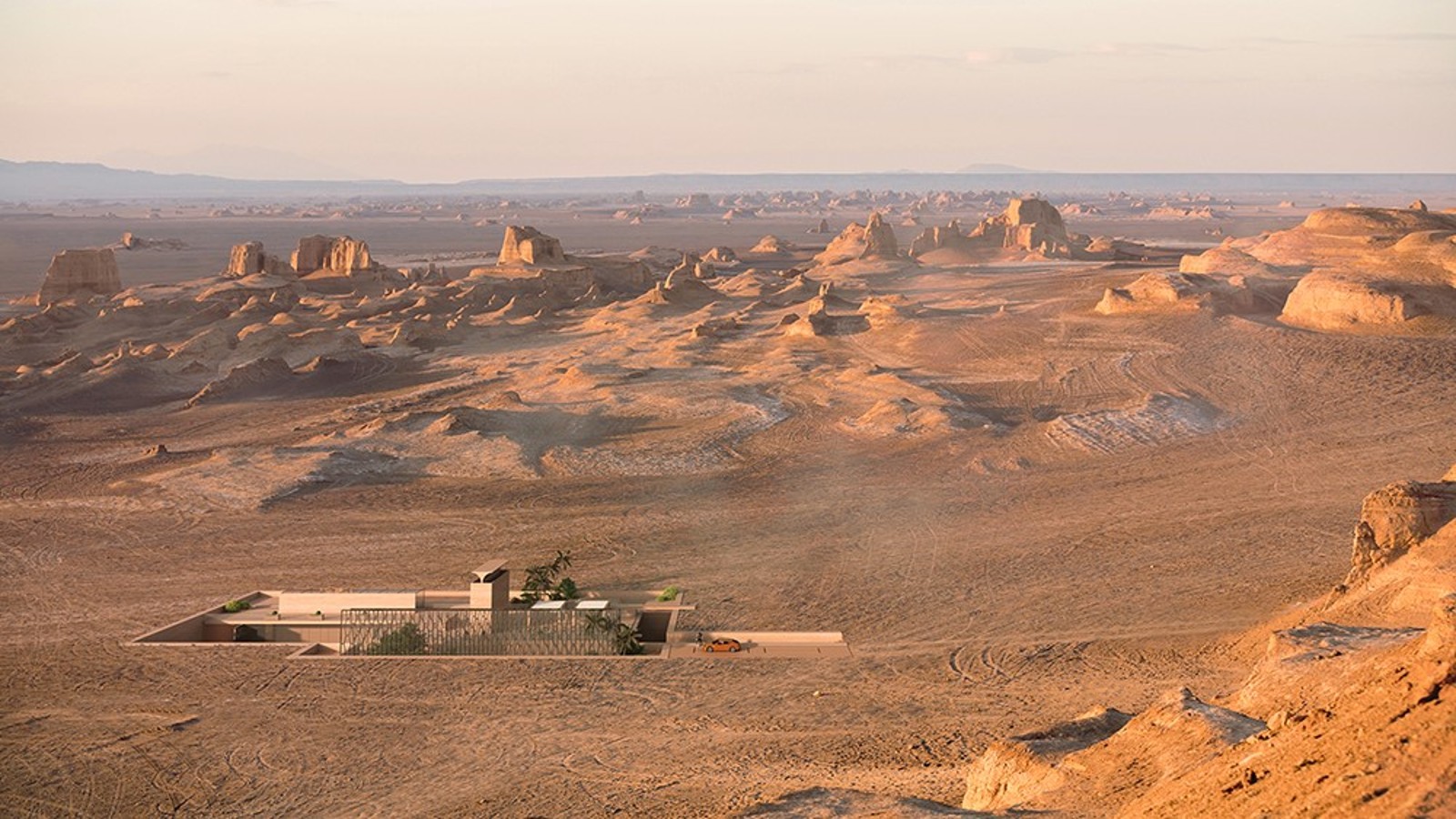 La «H.O.M.E. House 2022» dans une zone désertique. Le badguir, la traditionnelle tour à vent, émerge du sol telle une sculpture (©Bloomrealities/HTA pour H.O.M.E. House 2022)