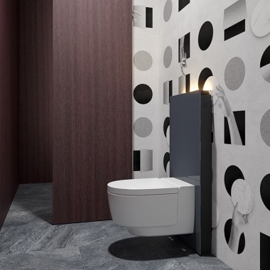 WC d’invités équipé du WCdouche Geberit AquaClean Mera en combinaison avec le module sanitaire Monolith (©Bloomrealities/HTA pour H.O.M.E. House 2022)