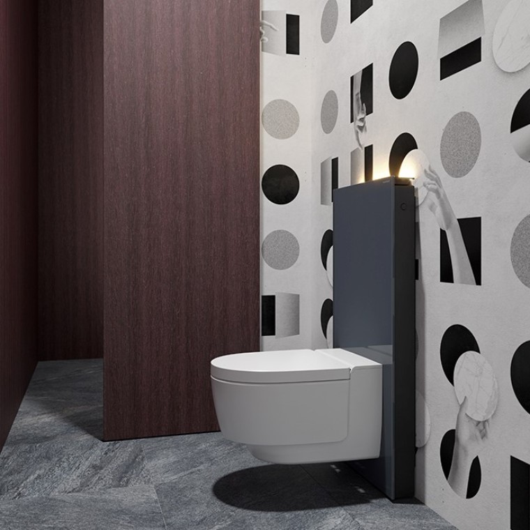 Gäste-WC mit dem Geberit AquaClean Dusch-WC Mera und dem Monolith Sanitärmodul (©Bloomrealities/HTA für H.O.M.E. Haus 2022) Gäste-WC mit dem Geberit AquaClean Dusch-WC Mera und dem Monolith Sanitärmodul (©Bloomrealities/HTA für H.O.M.E. Haus 2022)