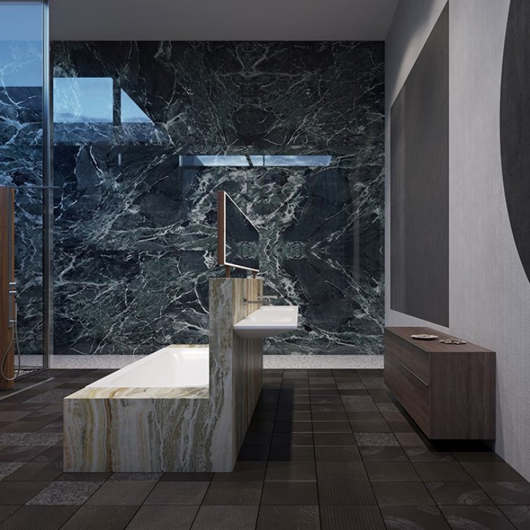 La baignoire Geberit Tawa et la série de bains Geberit ONE créent un ensemble particulièrement harmonieux (©Bloomrealities/HTA pour H.O.M.E. House 2022)