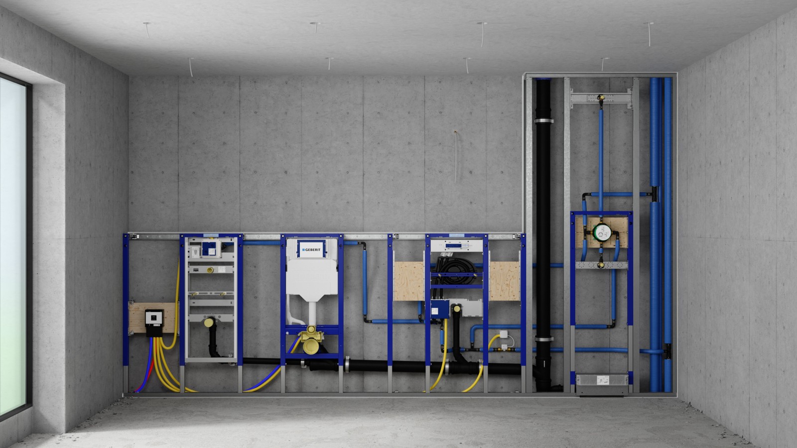 Parete d'installazione con elementi Geberit Duofix per orinatoio, WC, lavabo e doccia Parete d'installazione con elementi Geberit Duofix per orinatoio, WC, lavabo e doccia