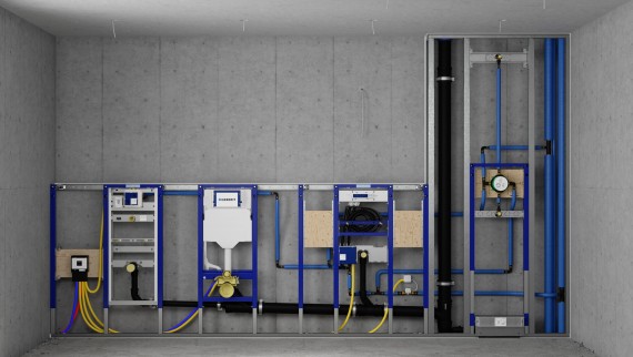 Paroi d’installation avec éléments Geberit Duofix pour urinoir, WC, lavabo et douche Paroi d’installation avec éléments Geberit Duofix pour urinoir, WC, lavabo et douche