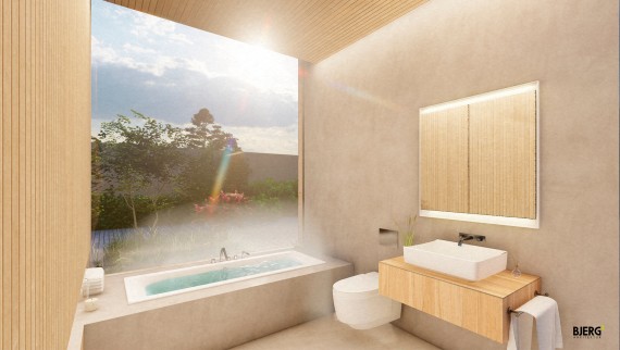 In dem sechs Quadratmeter grossen Badezimmer sollte man ein Gefühl der Ruhe und Gelassenheit verspüren (© Bjerg Arkitektur)
