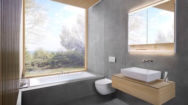 In dem sechs Quadratmeter grossen Badezimmer sollte man ein Gefühl der Ruhe und Gelassenheit verspüren (© Geberit)
