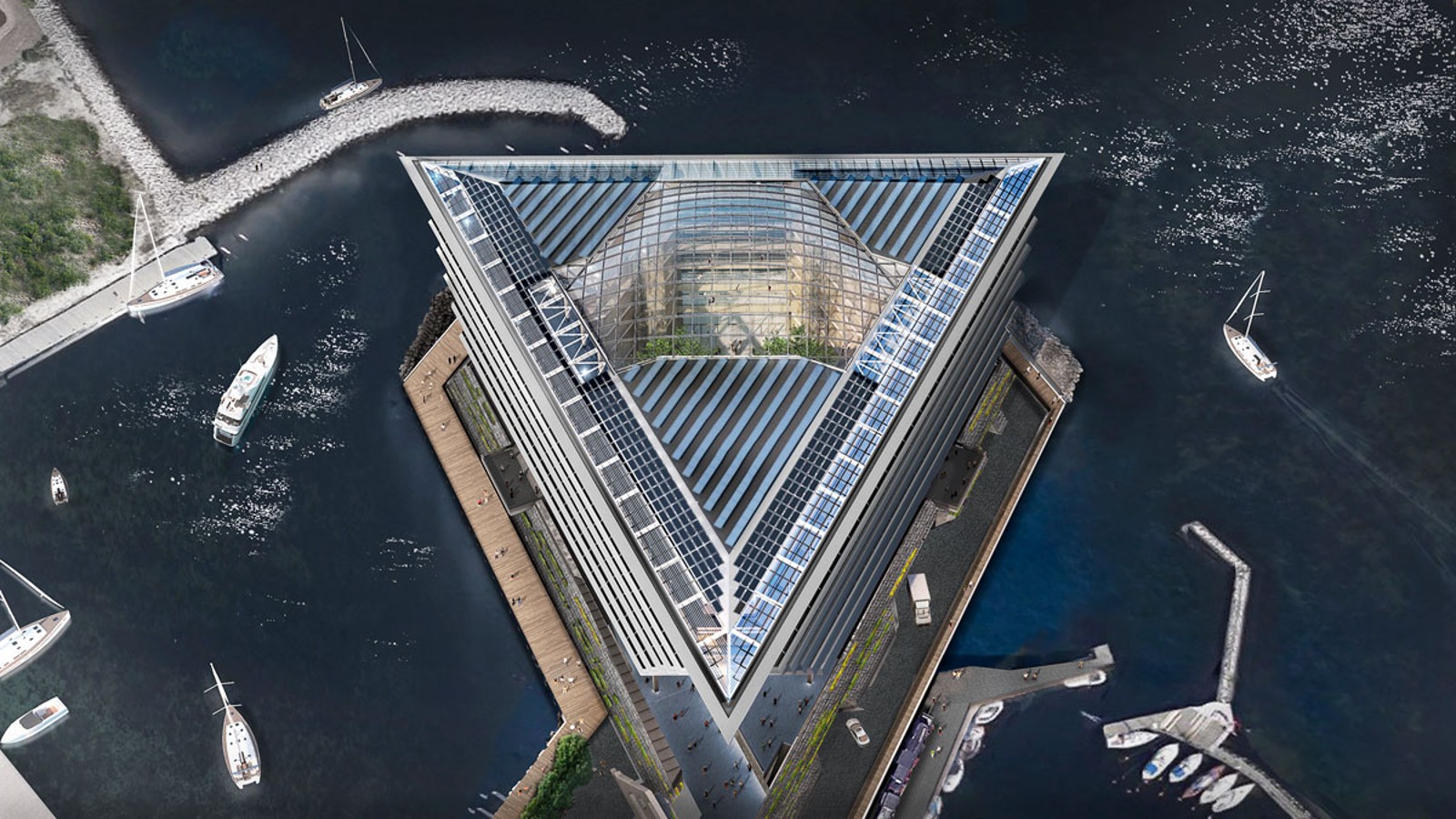 La struttura del tetto triangolare, compresa la cupola di vetro, deve resistere al vento e alle intemperie nonostante la sua posizione esposta. (©Foster&Partners) La struttura del tetto triangolare, compresa la cupola di vetro, deve resistere al vento e alle intemperie nonostante la sua posizione esposta. (©Foster&Partners)
