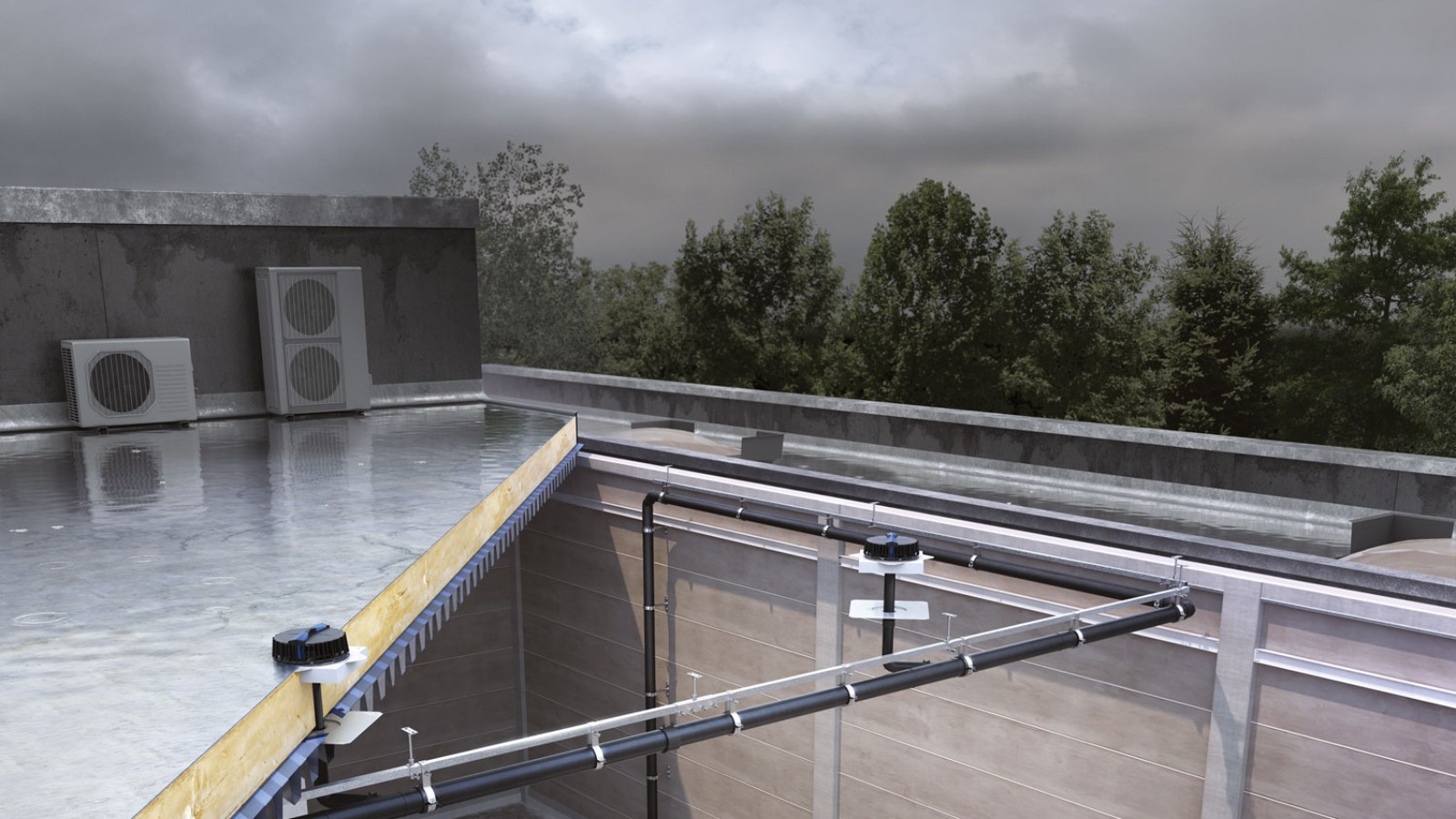 Le système d’évacuation des eaux des toitures Pluvia fonctionne avec un nombre relativement limité de naissances. (© Geberit) Le système d’évacuation des eaux des toitures Pluvia fonctionne avec un nombre relativement limité de naissances. (© Geberit)